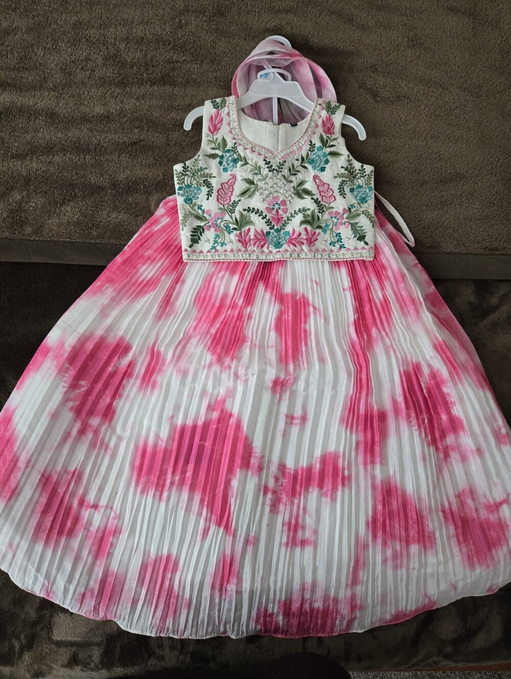 Pink and White Floral Embroidered Lengha Dress for Girls